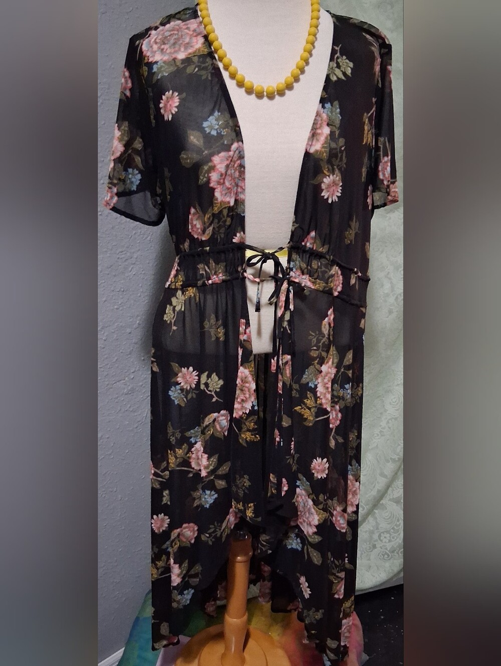 American Rag Black Sheer Floral Tie-Waist Tunic